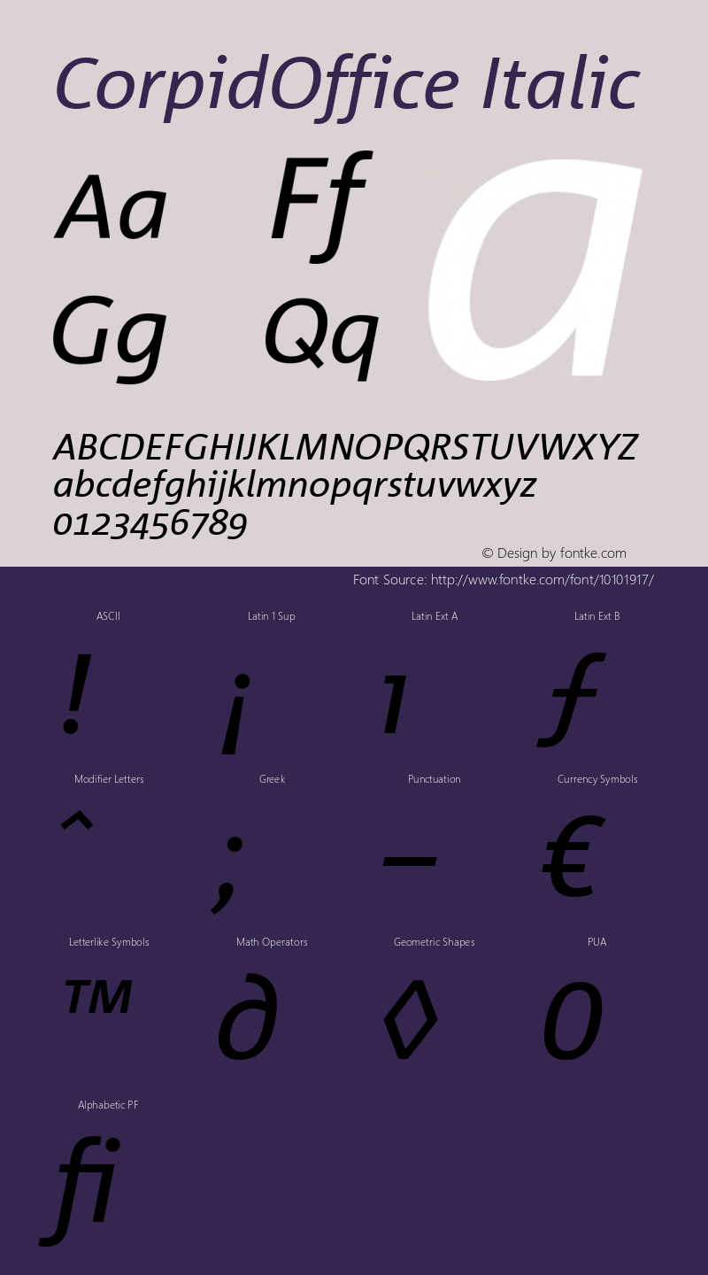 CorpidOffice Italic Version 2.2; 2000 Font Sample