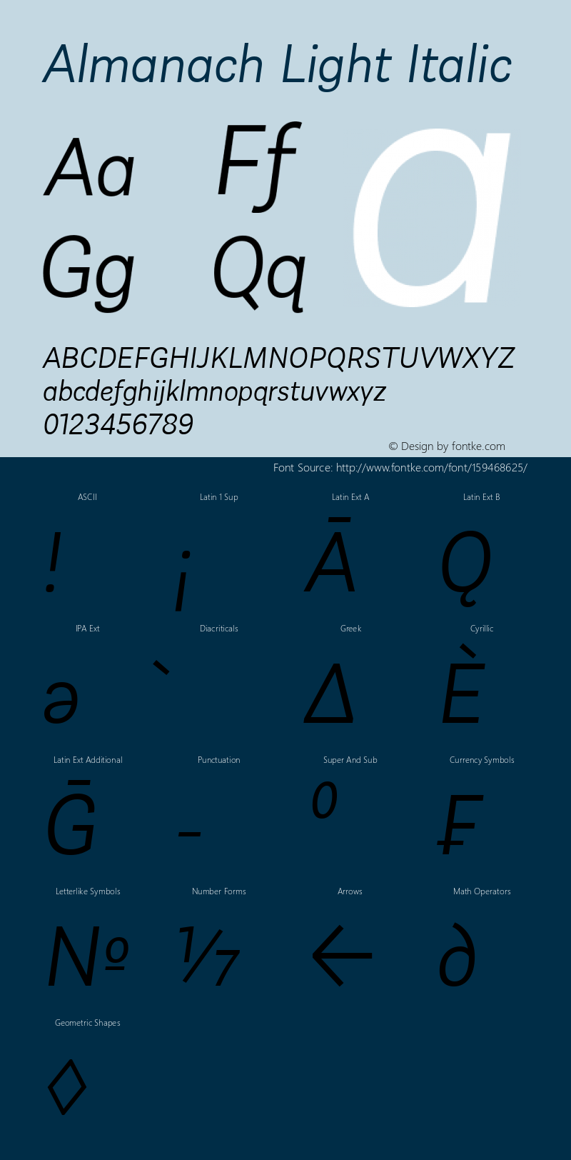 Almanach Light Italic Version 1.001;hotconv 1.0.109;makeotfexe 2.5.65596 Font Sample