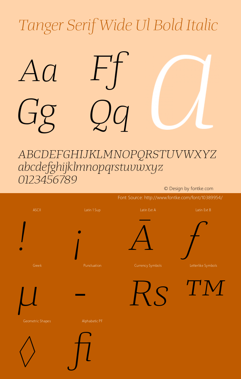 Tanger Serif Wide Ul Bold Italic Version 1.001 Font Sample