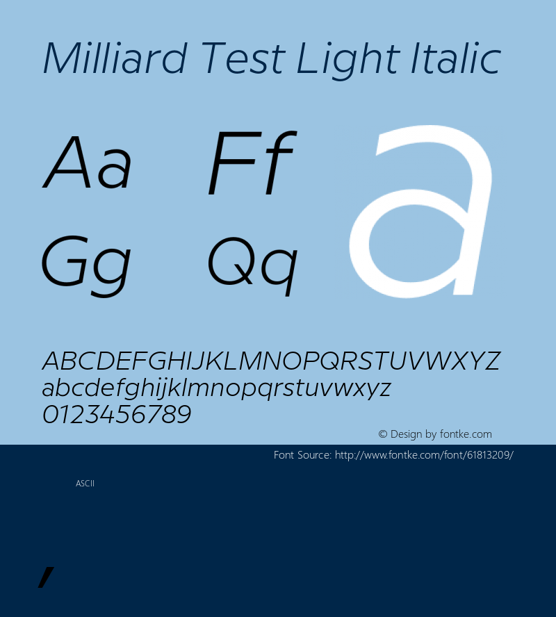 Milliard Test Light Italic Version 1.000;PS 001.000;hotconv 1.0.88;makeotf.lib2.5.64775 Font Sample