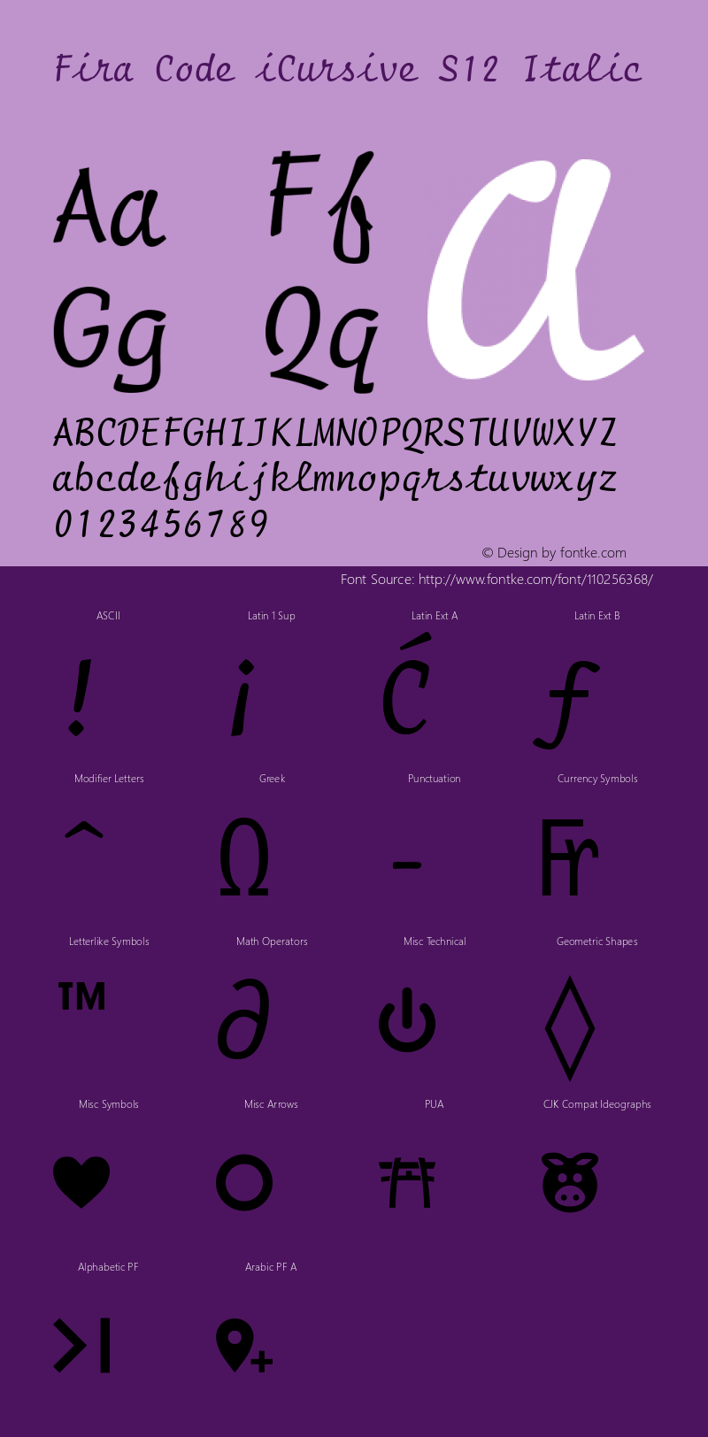 Fira Code iCursive S12 Italic mfgpctt-v4.4 Dec 22 1998 Font Sample