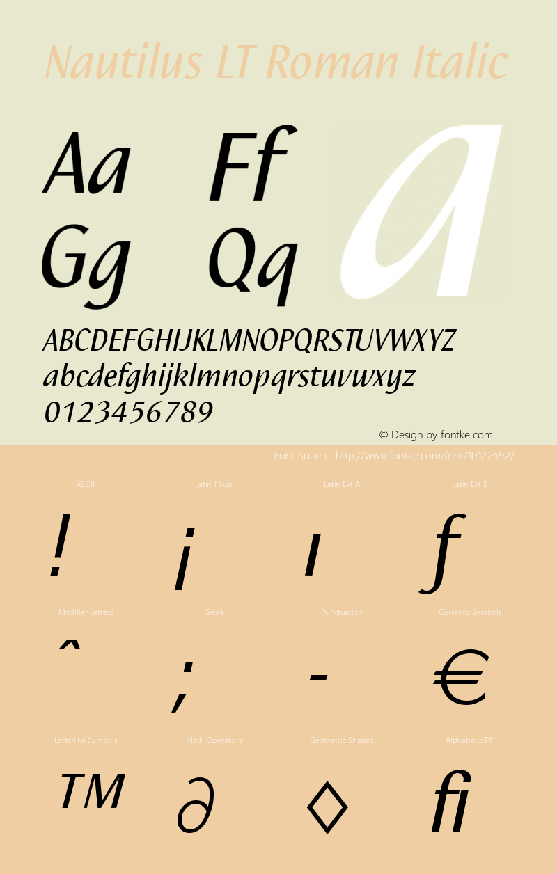 Nautilus LT Roman Italic Version 1.0 Font Sample