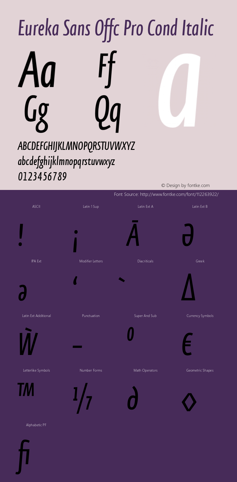 Eureka Sans Offc Pro Cond Italic Version 7.504; 2011; Build 1020 Font Sample