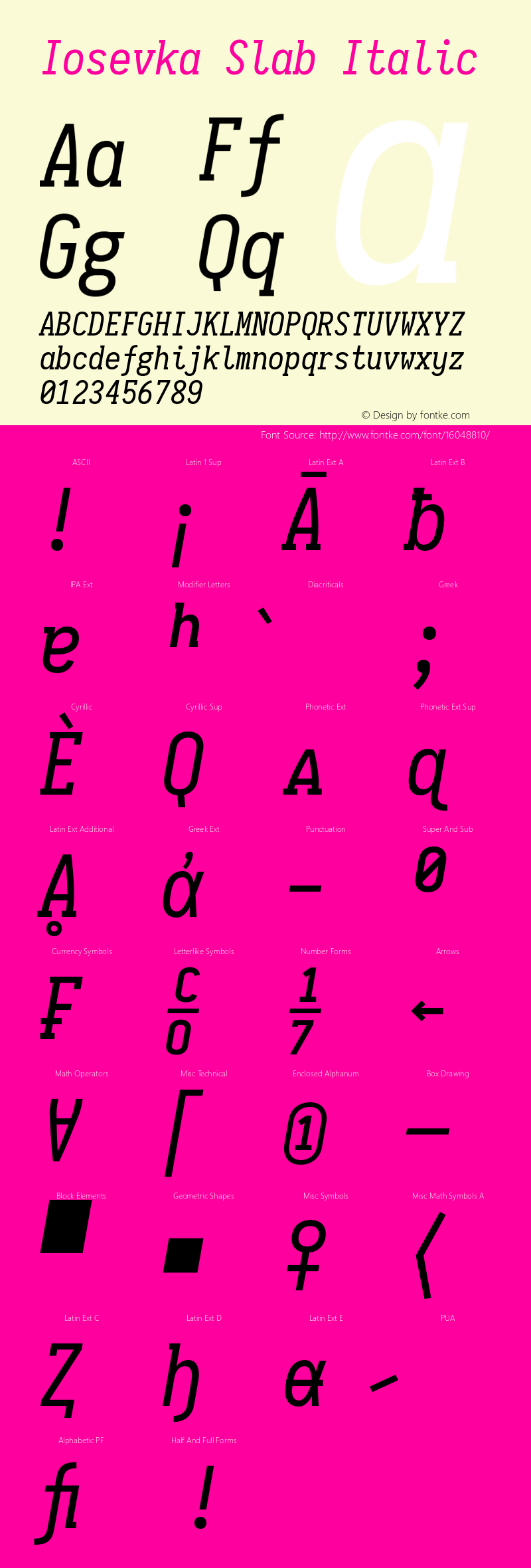 Iosevka Slab Italic 1.6.1; ttfautohint (v1.4.1) Font Sample