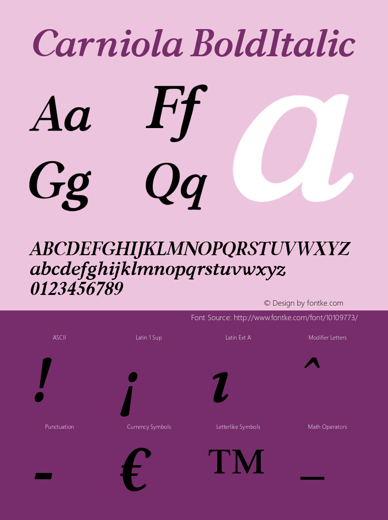 Carniola BoldItalic Macromedia Fontographer 4.1.4 01‐11‐17 Font Sample