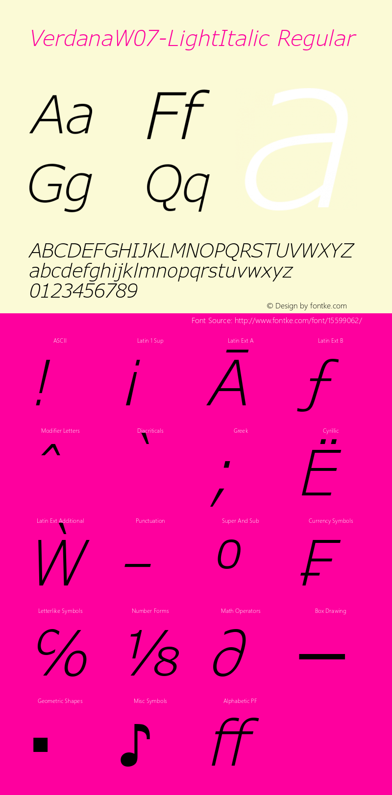 VerdanaW07-LightItalic Regular Version 6.20 Font Sample