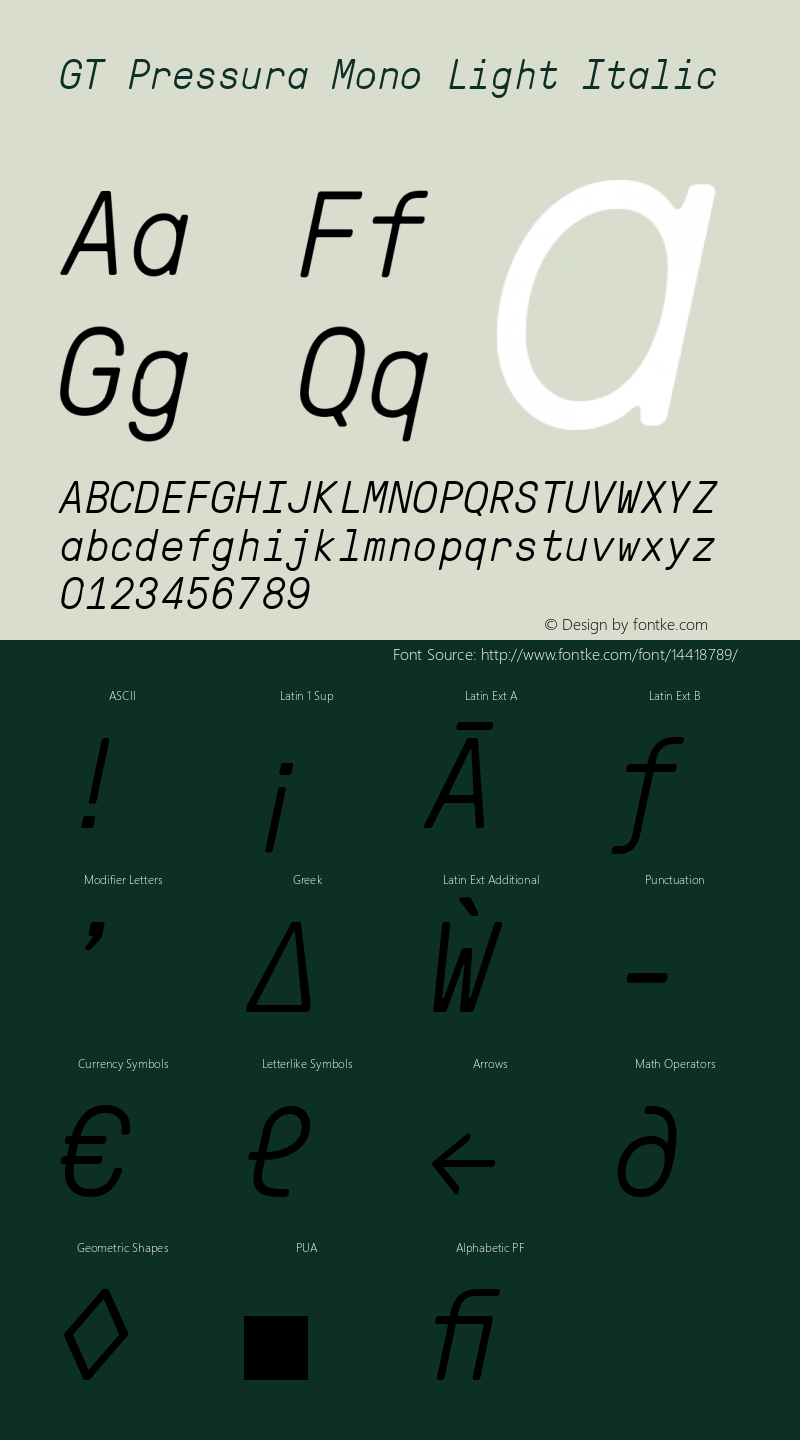 GT Pressura Mono Light Italic Version 1.000 Font Sample