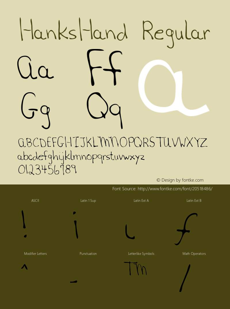 HanksHand Regular Altsys Fontographer 3.5  8/24/95 Font Sample