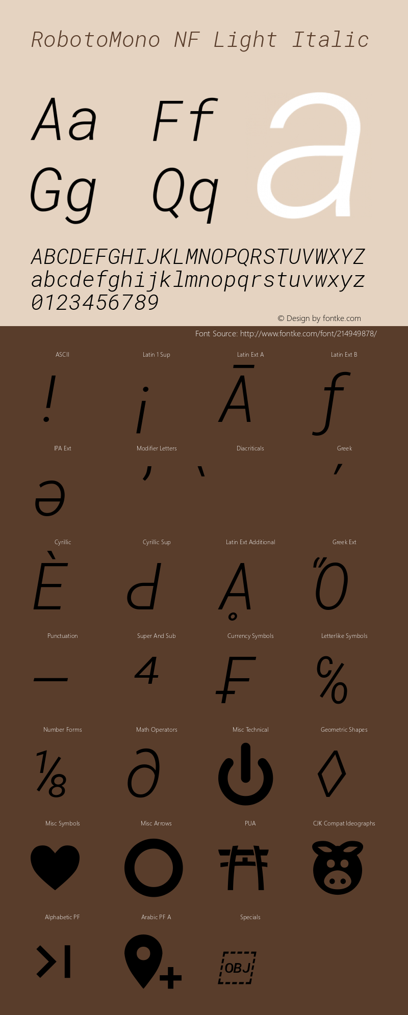 Roboto Mono Light Italic Nerd Font Complete Windows Compatible Version 2.000986; 2015; ttfautohint (v1.3);Nerd Fonts 2.1.0图片样张