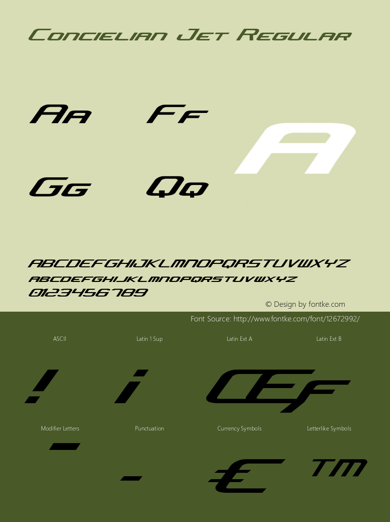 Concielian Jet Regular Version 2.0; 2003; initial release Font Sample