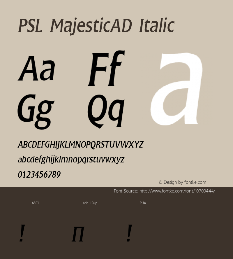 PSL MajesticAD Italic Series 2, Version 3.5.1, release September 2002. Font Sample