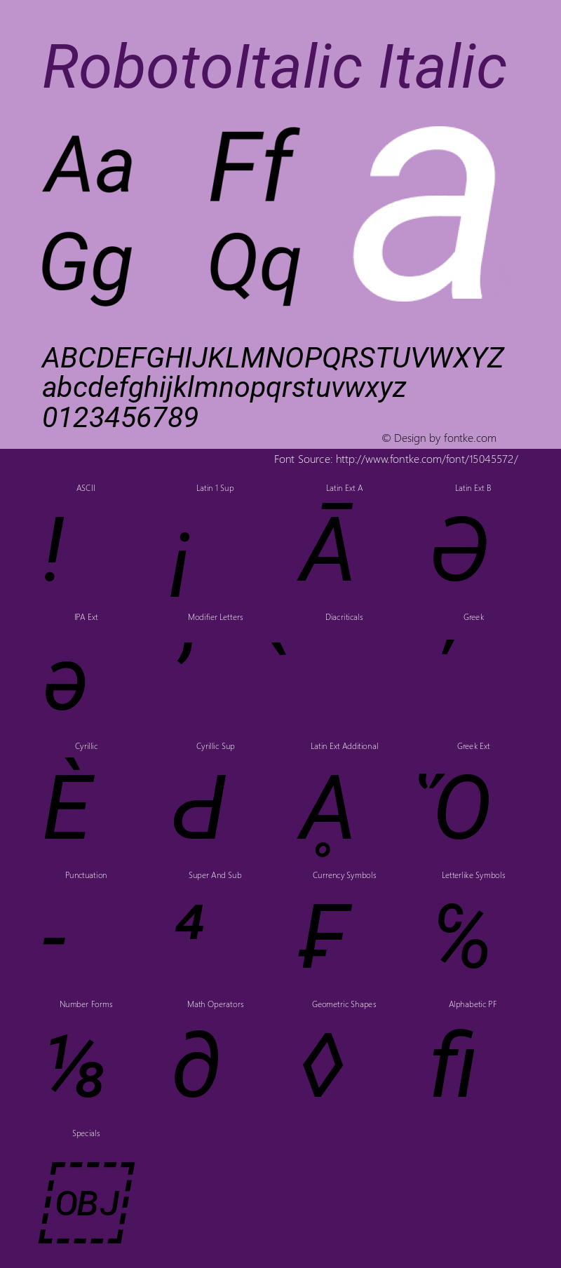 RobotoItalic Italic Version 2.001101; 2014 Font Sample