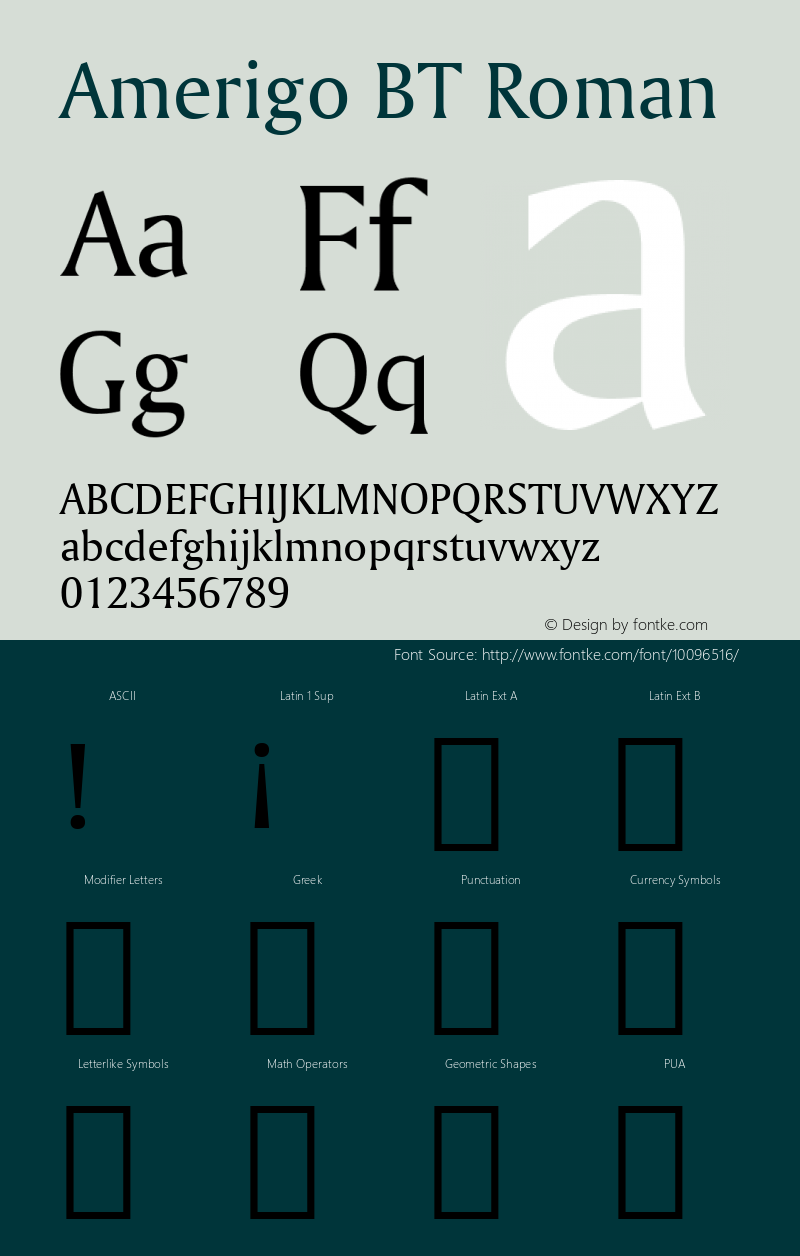 Amerigo BT Roman Version 2.001 mfgpctt 4.4 Font Sample