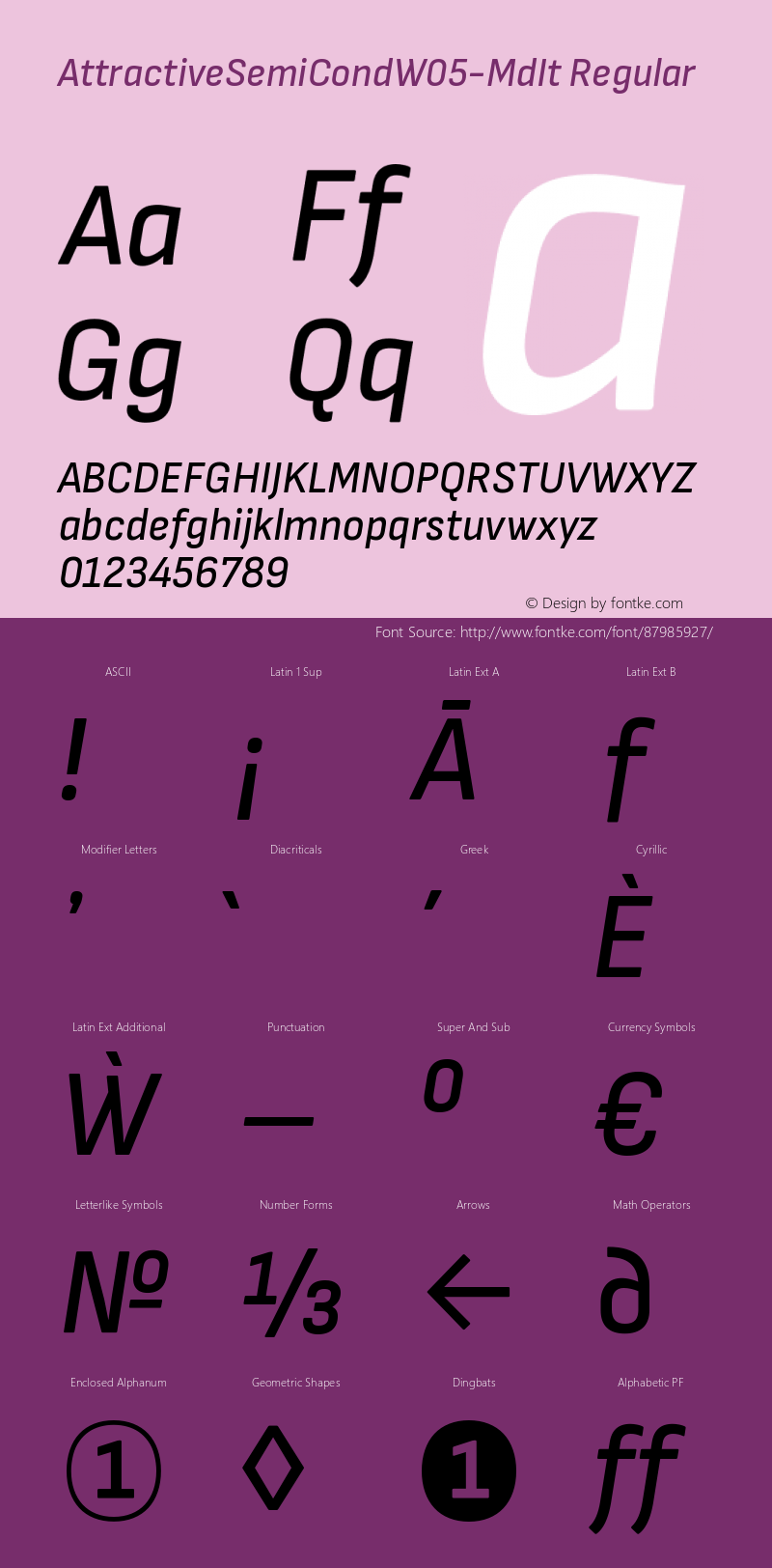 AttractiveSemiCond W05 MediumIt Version 3.001 Font Sample