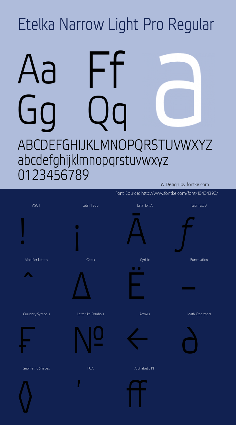 Etelka Narrow Light Pro Regular Version 1.000 2005 initial release Font Sample