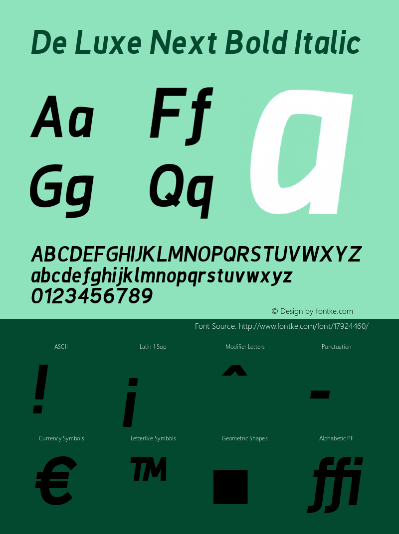 De Luxe Next Bold Italic Version 2.00 Font Sample