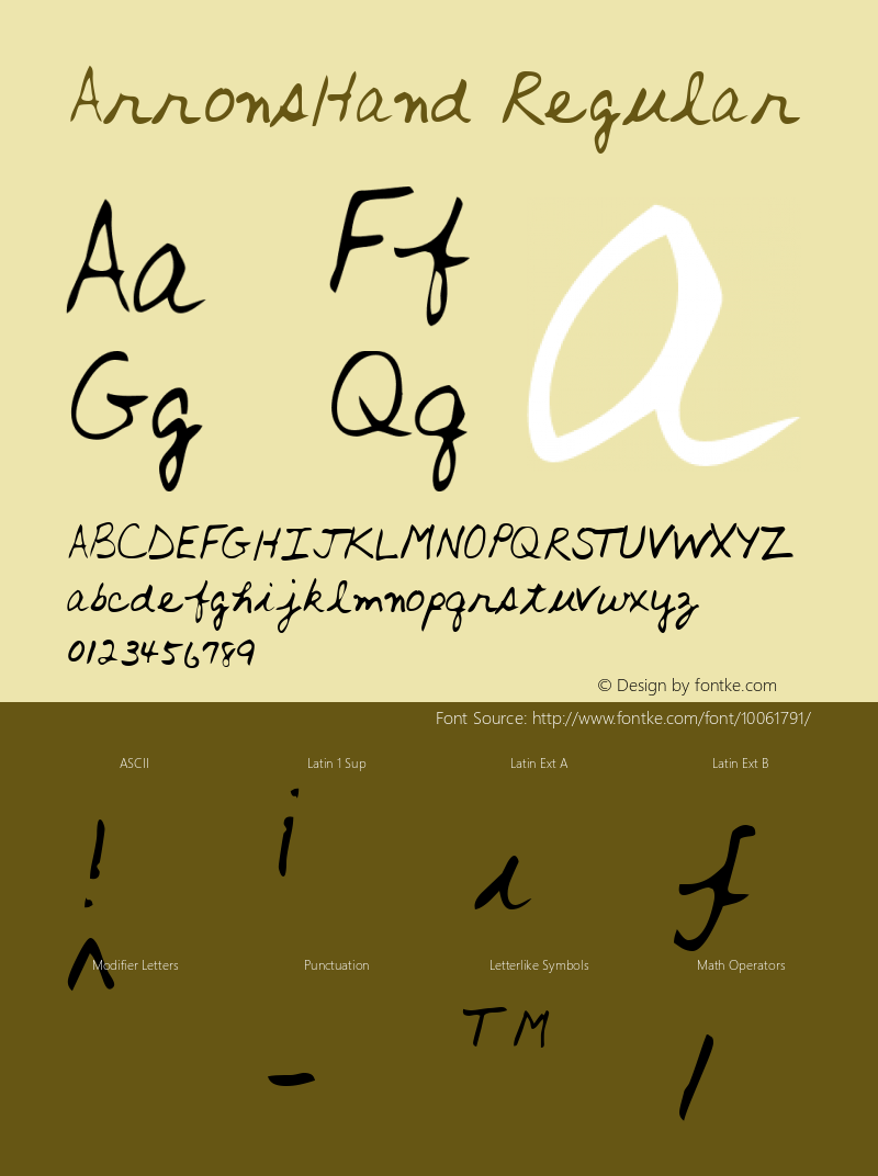 ArronsHand Regular Handwriting KeyFonts, Copyright (c)1995 SoftKey Multimedia, Inc., a subsidiary of SoftKey International, Inc. Font Sample