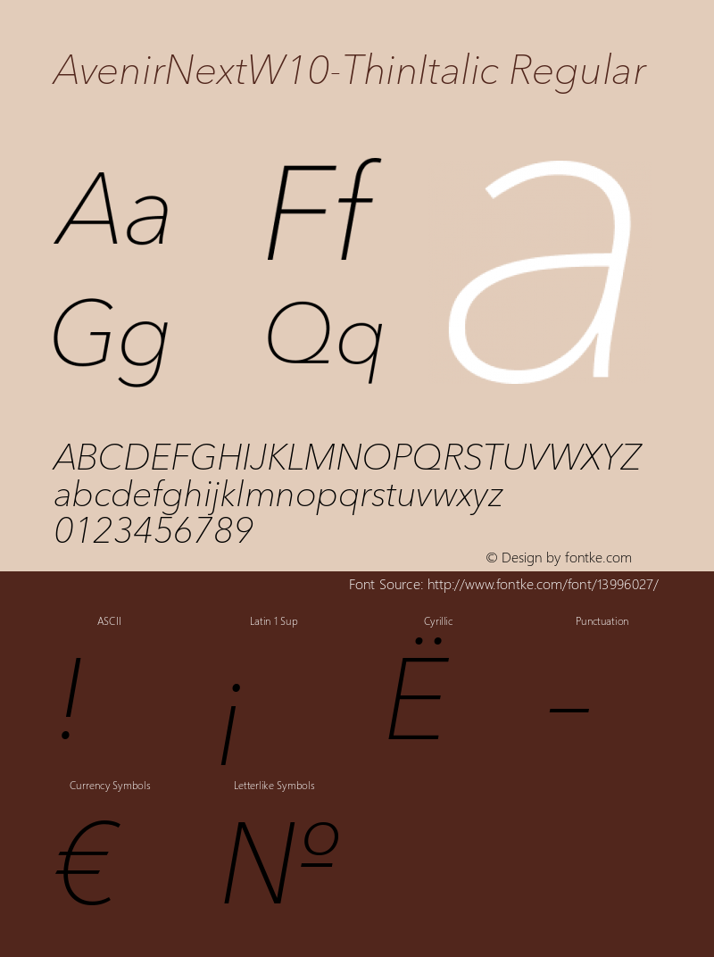 AvenirNextW10-ThinItalic Regular Version 1.00 Font Sample