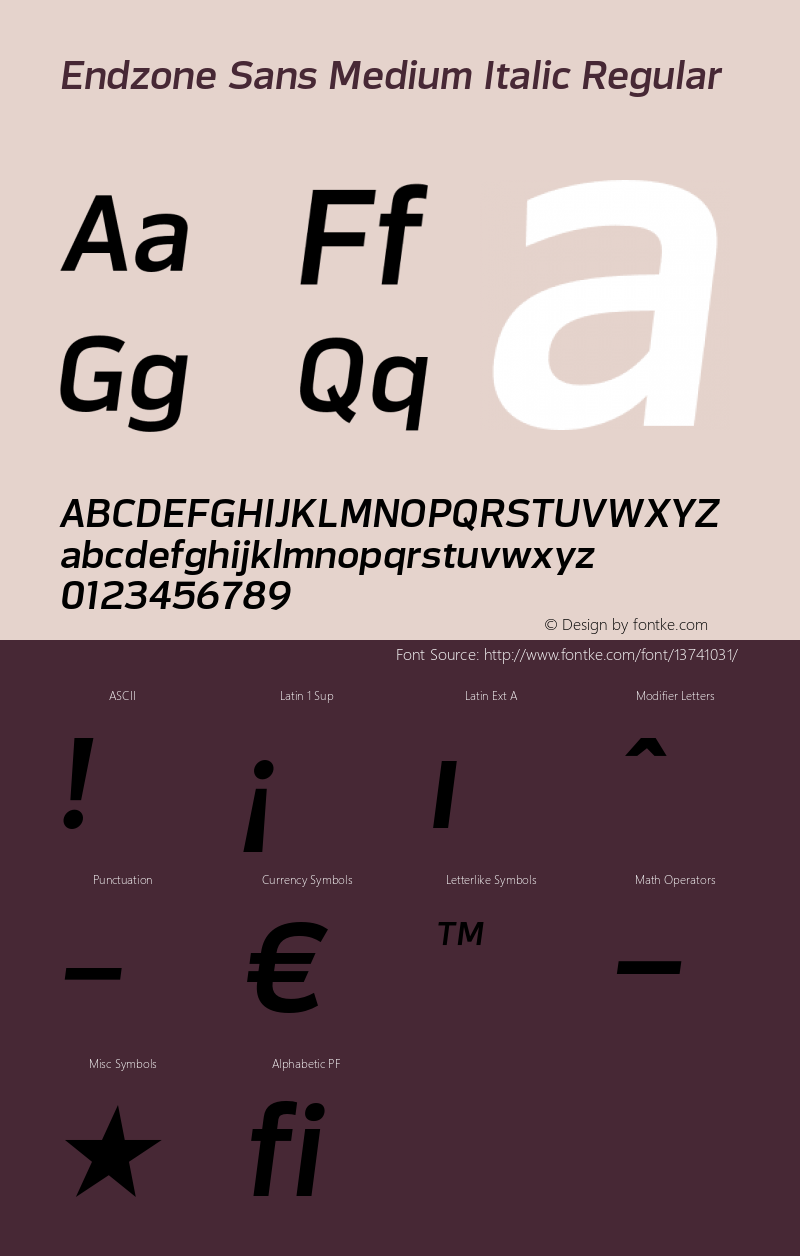 Endzone Sans Medium Italic Regular Version 1.000 Font Sample