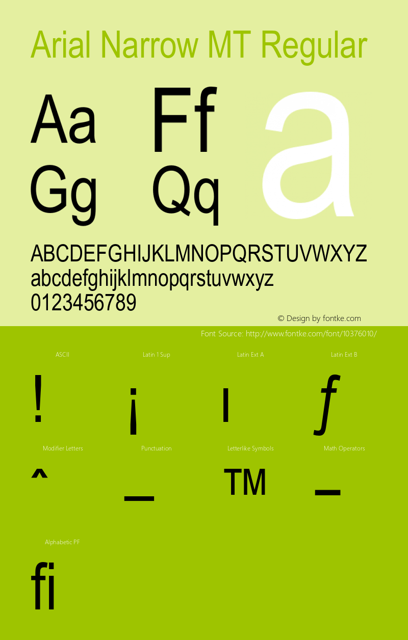 Arial Narrow MT Regular 001.002 Font Sample