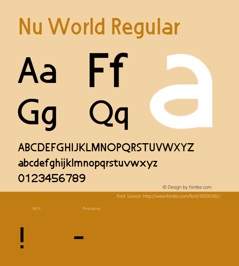 Nu World Regular Macromedia Fontographer 4.1.3 5/12/97 Font Sample