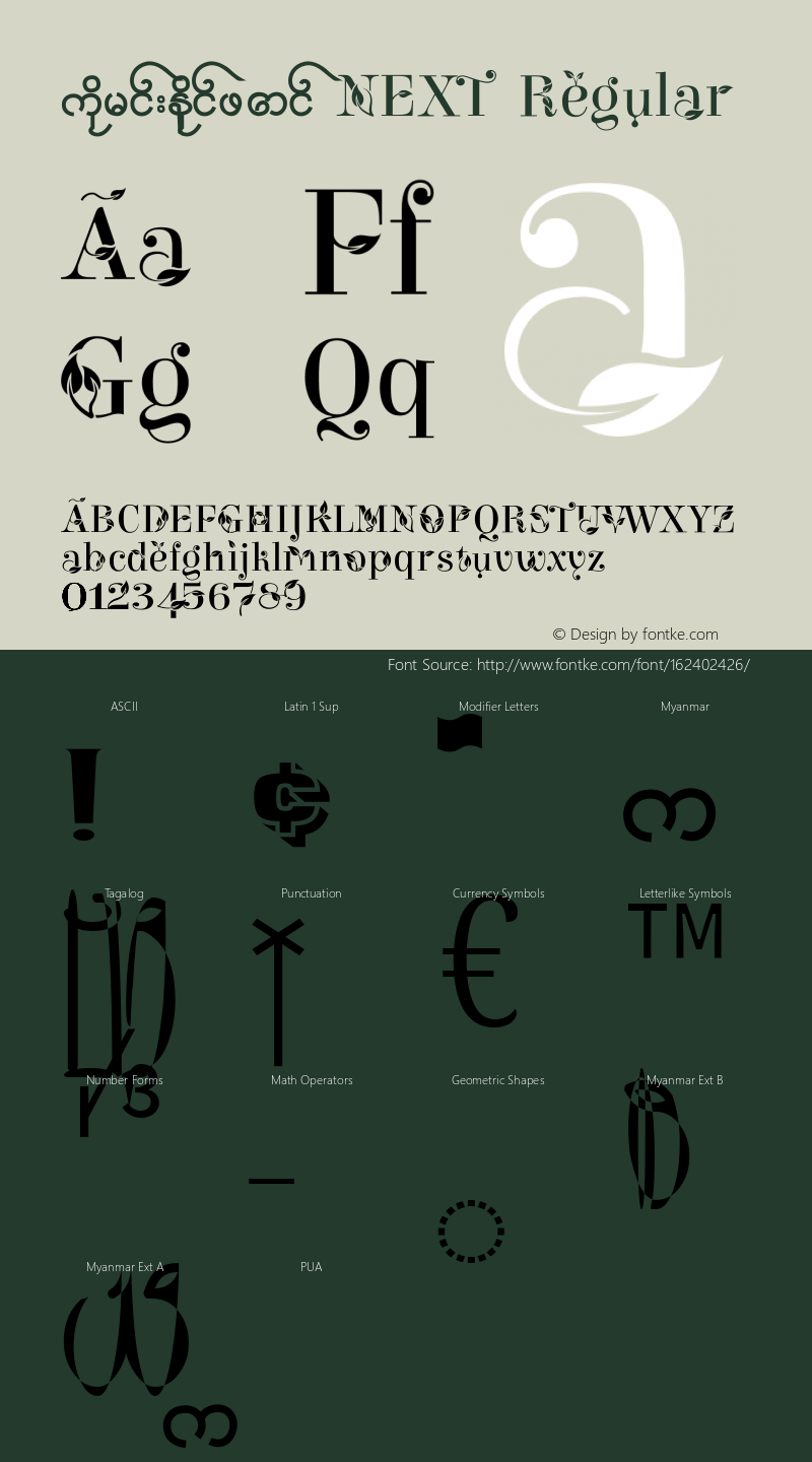 ကိုမင်းနိုင်ဖောင် NEXT Version 2.50;August 24, 2020;FontCreator 13.0.0.2630 64-bit Font Sample