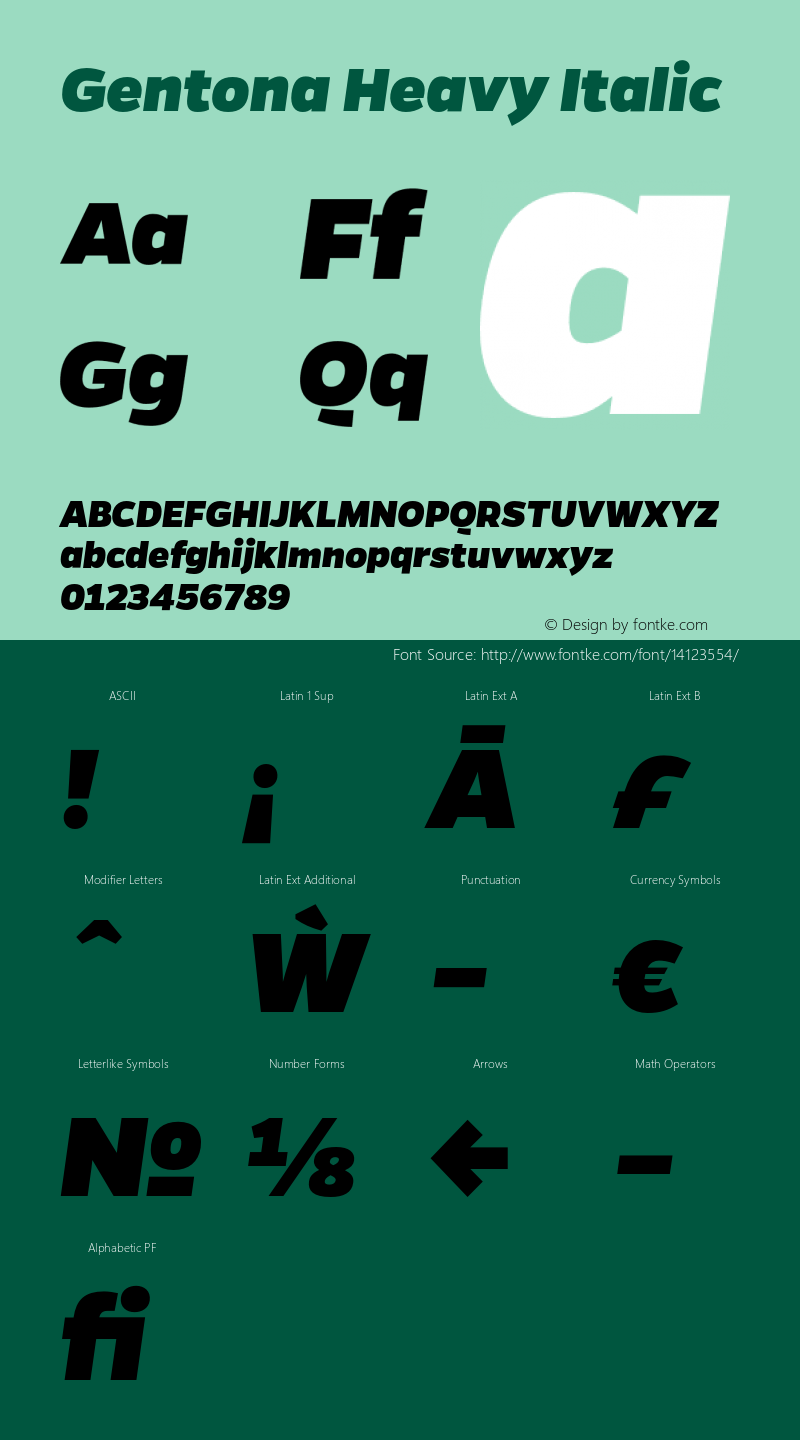 Gentona Heavy Italic Version 1.001;PS 001.001;hotconv 1.0.70;makeotf.lib2.5.58329 Font Sample