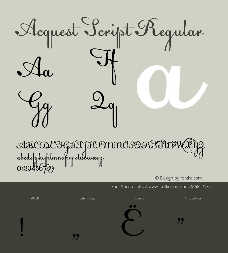 Acquest Script Regular Version 1.000 2005 initial release Font Sample