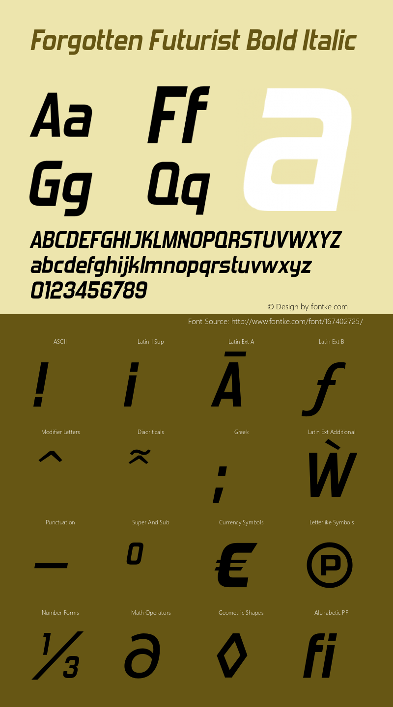 ForgottenFuturistRg-BoldItalic Version 6.001 Font Sample