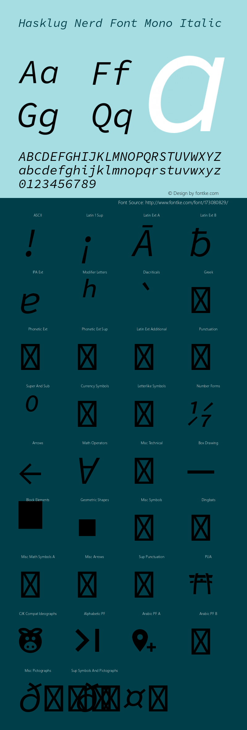 Hasklug Italic Nerd Font Complete Mono Version 1.052;hotconv 1.0.117;makeotfexe 2.5.65602图片样张