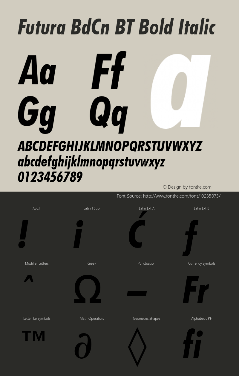 Futura BdCn BT Bold Italic Version 1.01 emb4-OT Font Sample