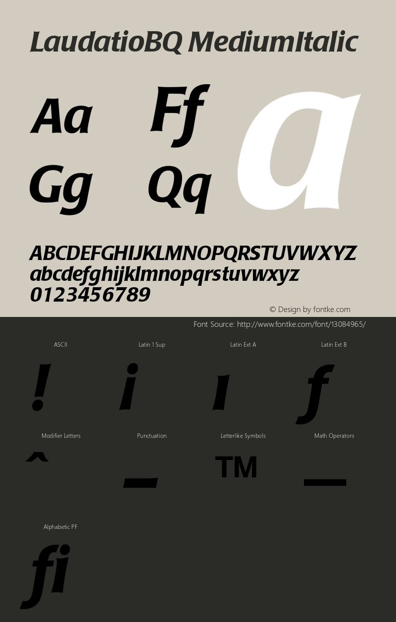 LaudatioBQ MediumItalic Version 001.001 Font Sample