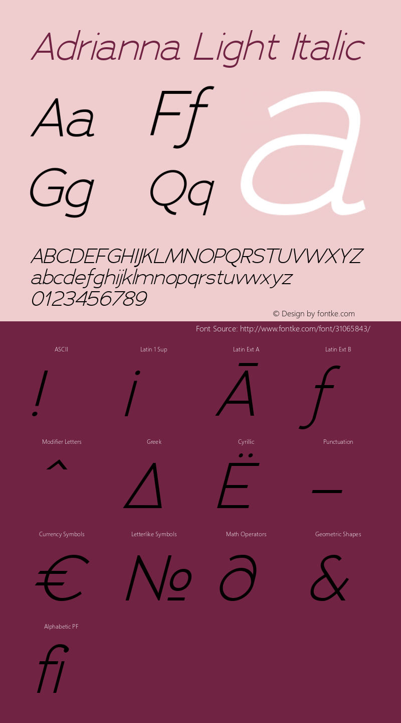 Adrianna Light Italic Version 1.001 Font Sample