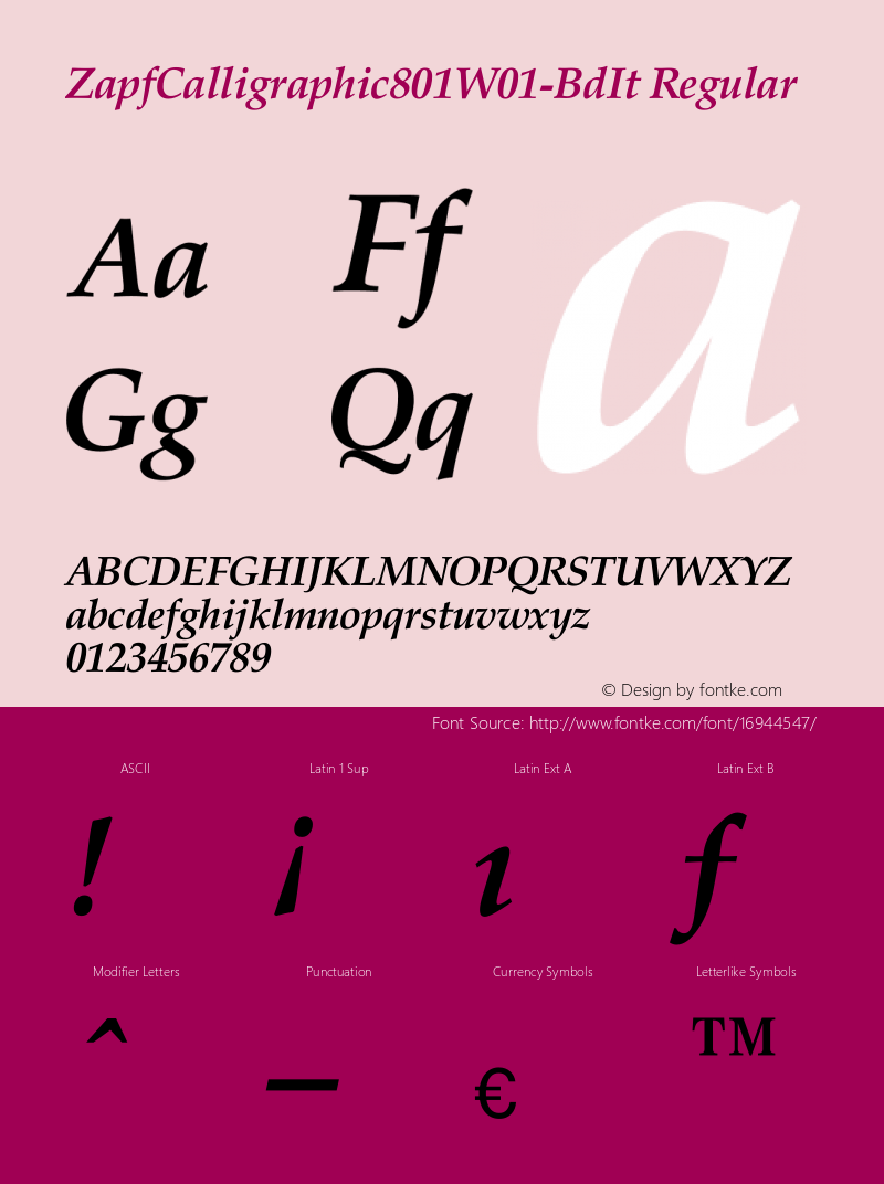 ZapfCalligraphic801W01-BdIt Regular Version 1.00 Font Sample