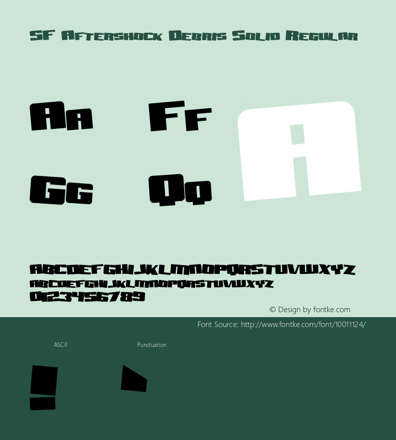 SF Aftershock Debris Solid Regular ver 1.0; 1999. Freeware for non-commercial use. Font Sample