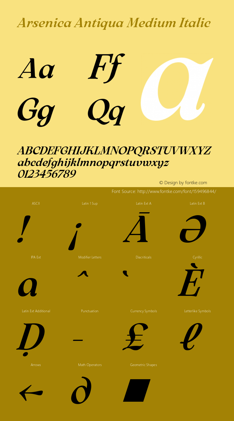 Arsenica Antiqua Medium Italic Version 0.003;hotconv 1.0.109;makeotfexe 2.5.65596 Font Sample