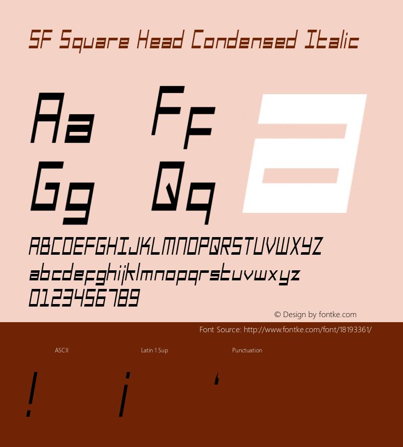 SF Square Head Condensed Italic Version ver 1.0; 1999. Freew Font Sample