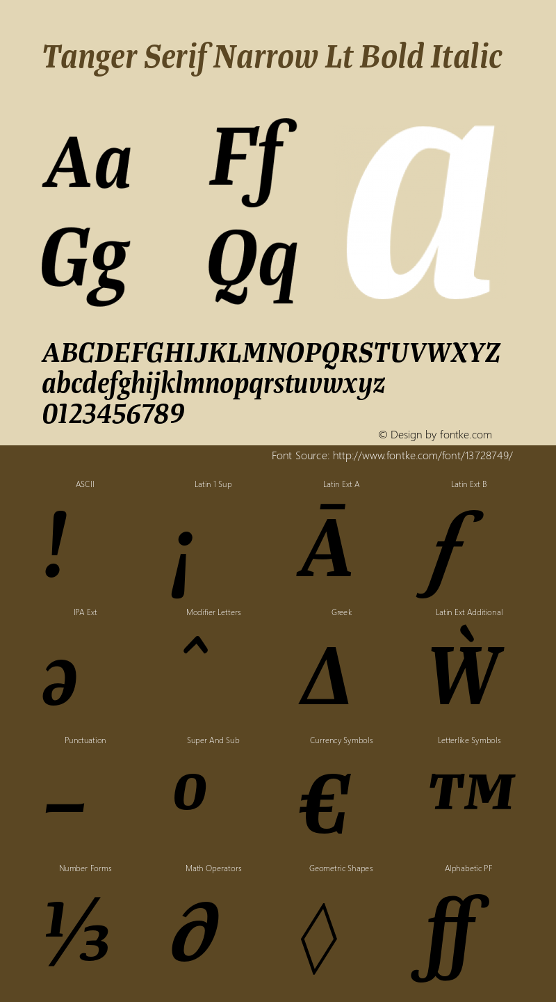 Tanger Serif Narrow Lt Bold Italic Version 3.000 Font Sample