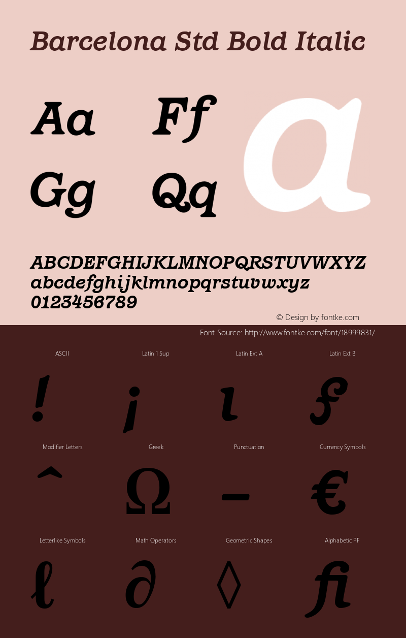 Barcelona Std Bold Italic Version 1.000 Font Sample