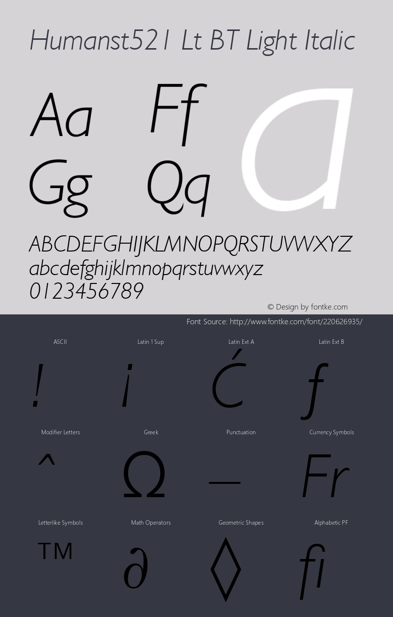 Humanst521 Lt BT Light Italic Version 1.01 emb4-OT图片样张