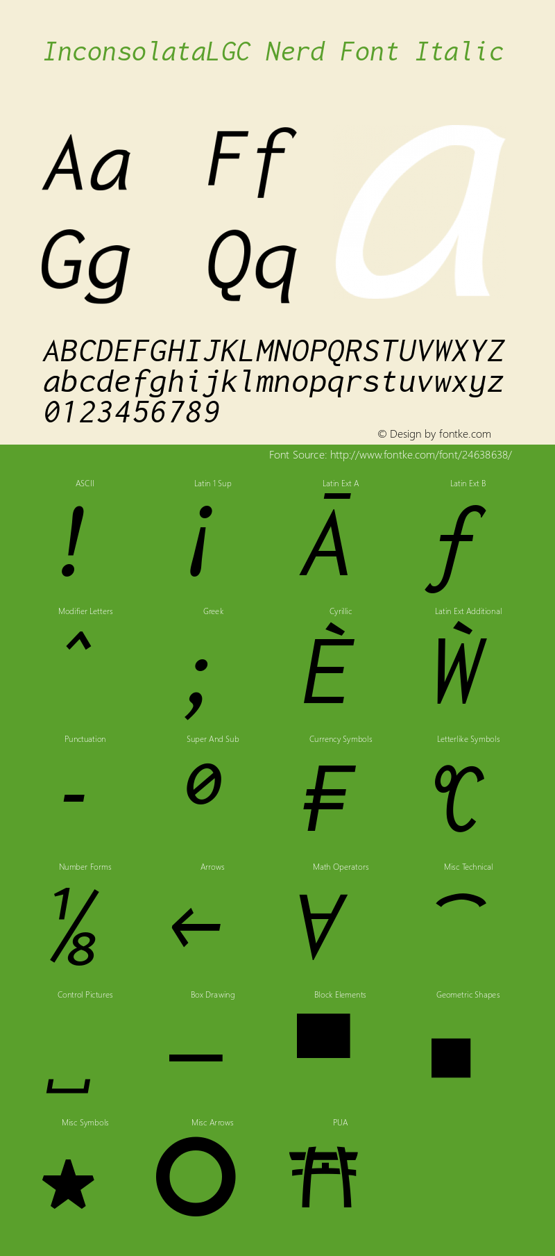 Inconsolata LGC Italic Nerd Font Complete Version 1.3;Nerd Fonts 1.2.0 Font Sample