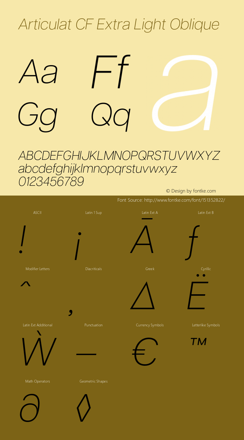 Articulat CF Extra Light Oblique Version 3.000;hotconv 1.0.109;makeotfexe 2.5.65596 Font Sample