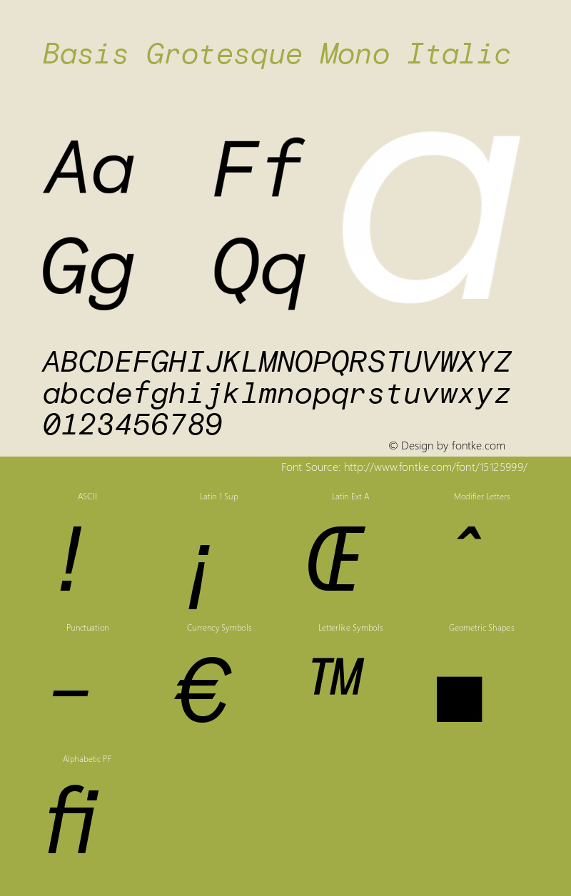 Basis Grotesque Mono Italic Version 1.000 Font Sample