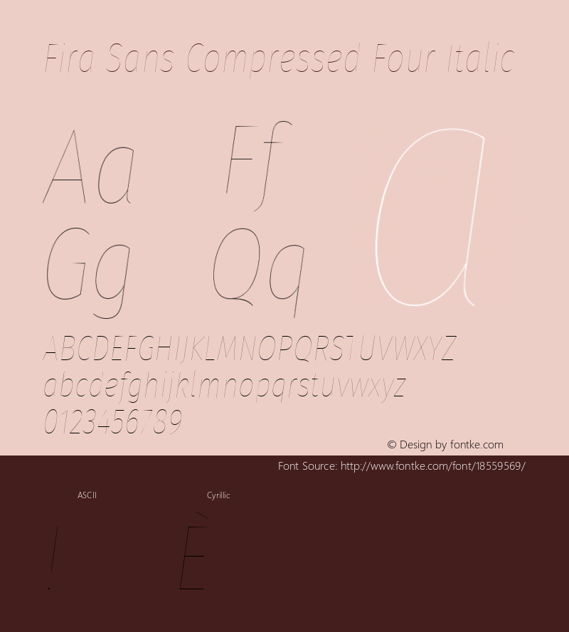 Fira Sans Compressed Four Italic Version 4.203;PS 004.203;hotconv 1.0.88;makeotf.lib2.5.64775; ttfautohint (v1.4.1) Font Sample