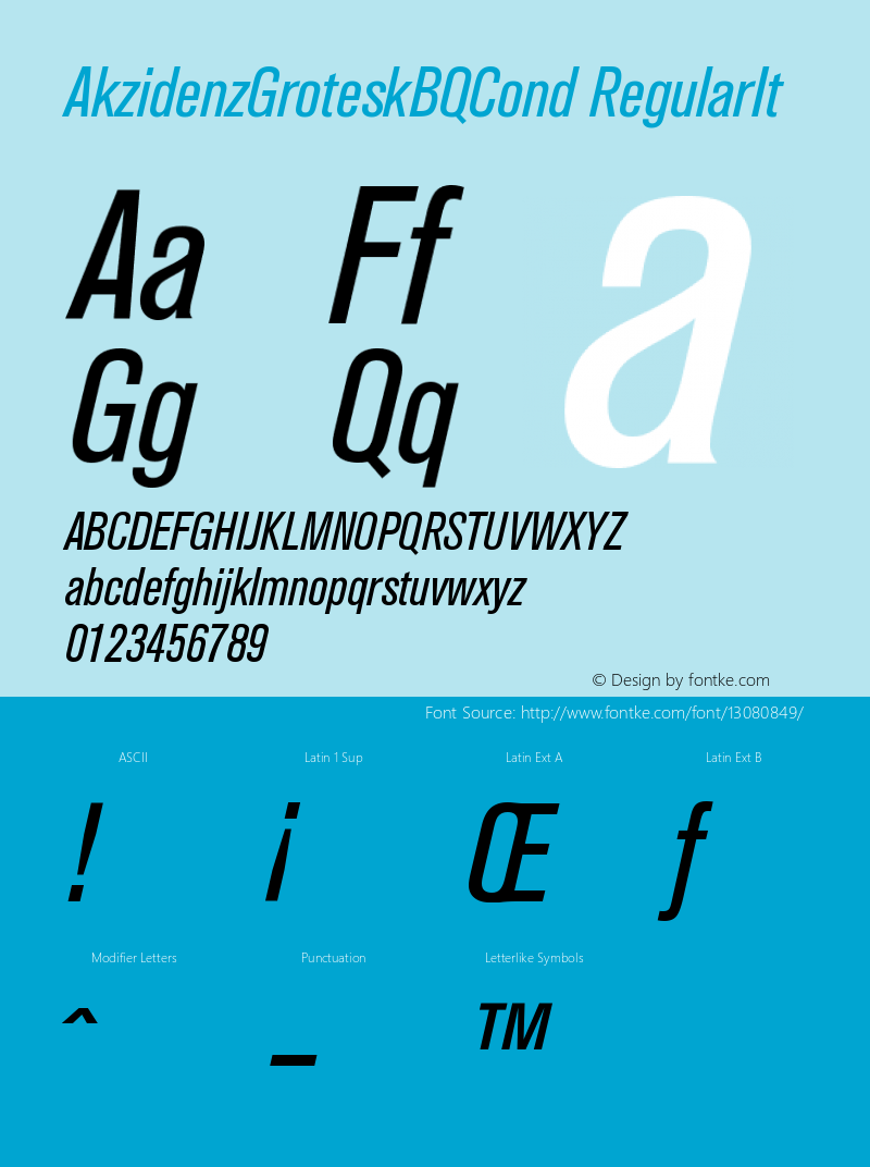 AkzidenzGroteskBQCond RegularIt Version 001.001 Font Sample