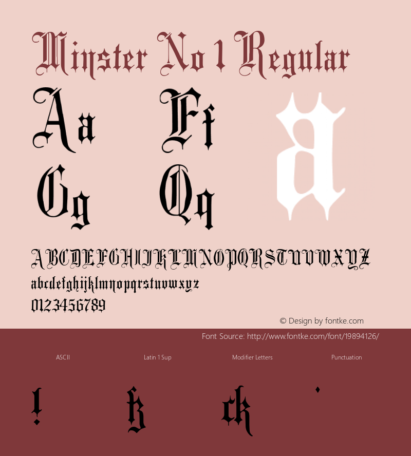 Minster No 1 Version 1.0; 2002; initial release Font Sample