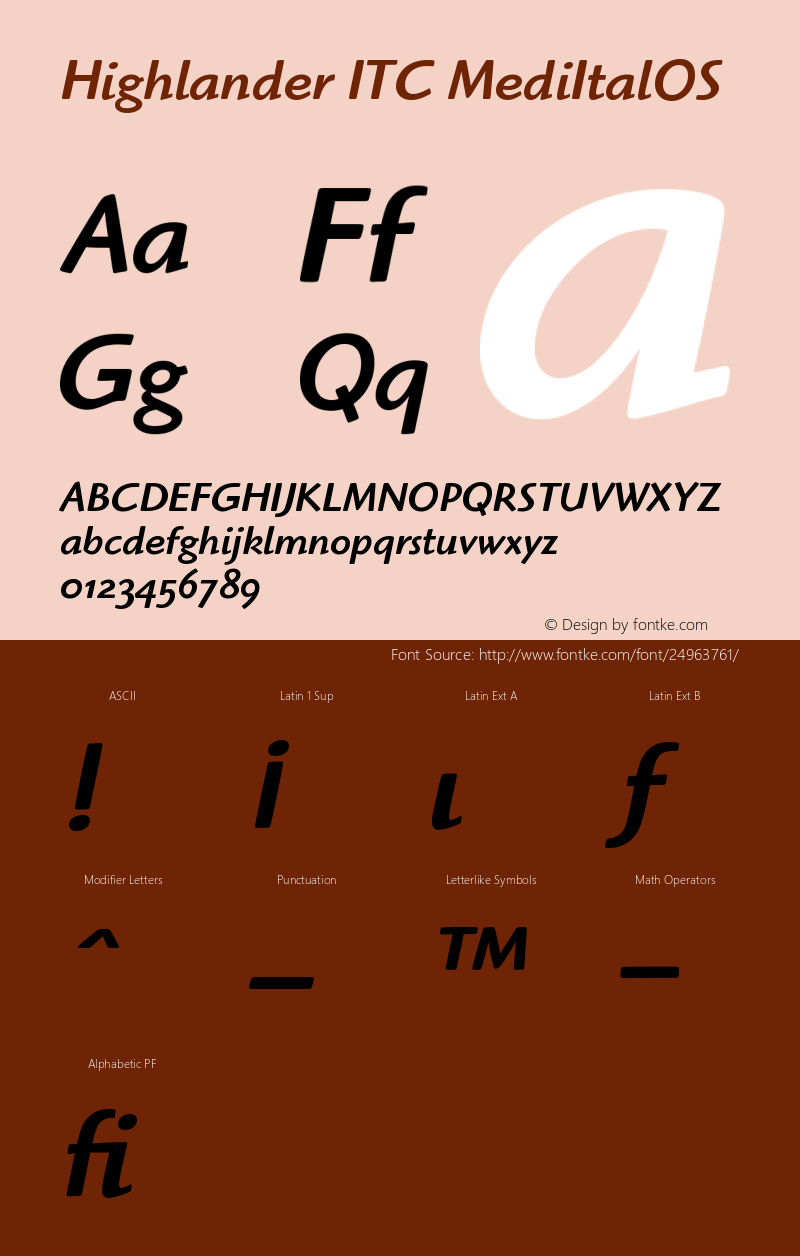 Highlander ITC Medium Italic OS Version 001.005 Font Sample