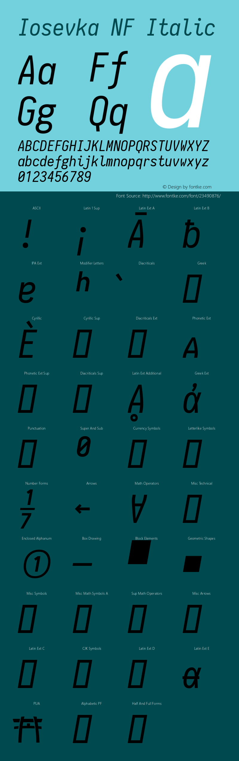 Iosevka Italic Nerd Font Complete Windows Compatible 1.8.4; ttfautohint (v1.5) Font Sample