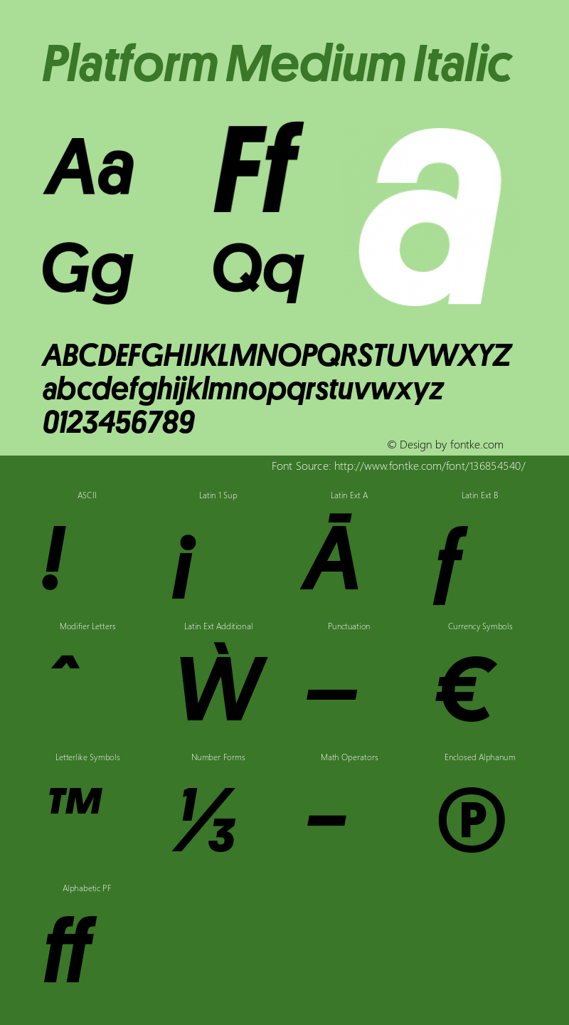 Platform-MediumItalic Version 001.001 2010 Font Sample