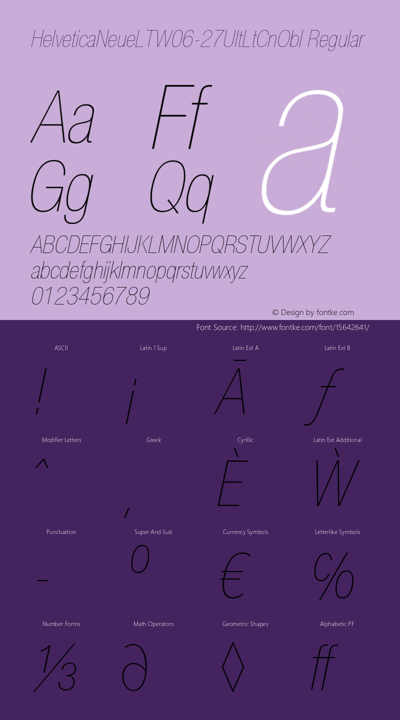 HelveticaNeueLTW06-27UltLtCnObl Regular Version 1.00 Font Sample